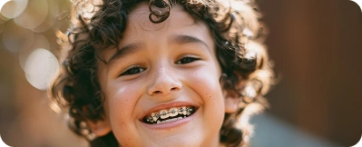 Child aged 7–12 with braces, early orthodontic treatment