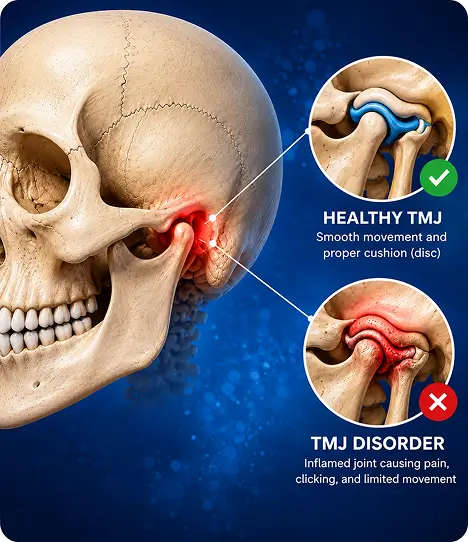Diagram comparing a healthy TMJ joint to a TMJ disorder joint