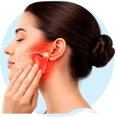 Illustration of jaw joint anatomy overlaid on a woman's face